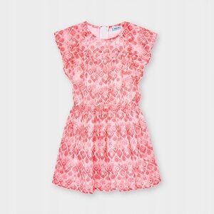 Size 2  Girls Mayoral Coral-Patterned Cap Sleeve Casual Dress